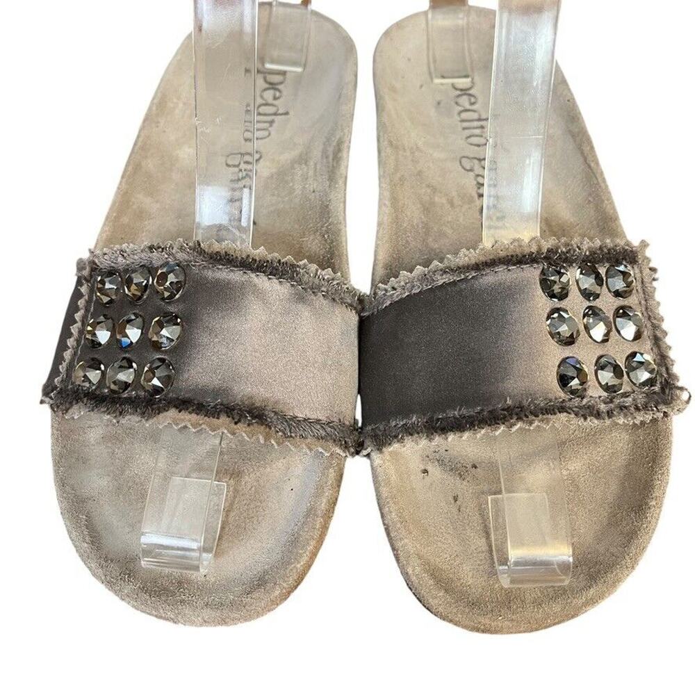 Pedro Garcia Womens Satin Rhinestones Slides Sandals Silver Satin Suede 37.5 7.5